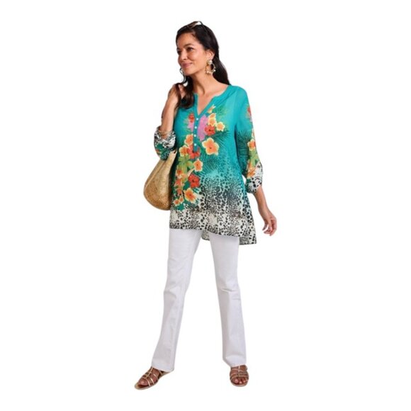 Soft Surroundings Large long Rolltab Sleeve 1/4 Button Down Floral Tunic - Picture 2 of 7